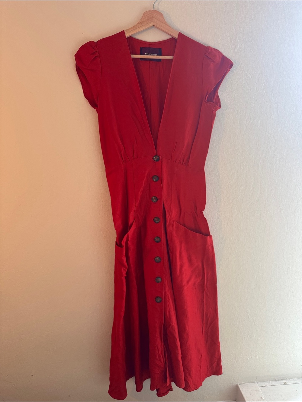 Reformation Scarlet V-Neck Button-Front Midi Dress